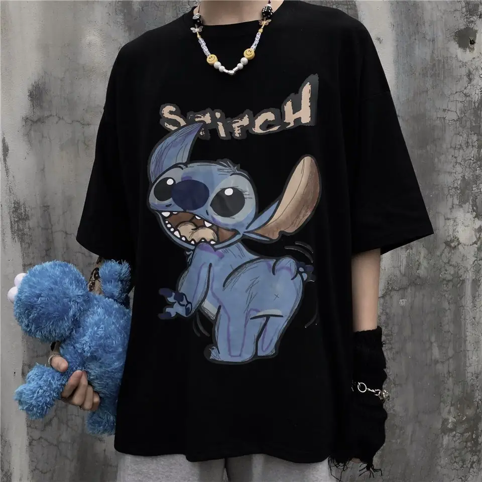

Мужская и женская летняя свободная одежда с короткими рукавами и принтом Disney Stitch для пар, универсальная модная брендовая верхняя одежда с круглым вырезом