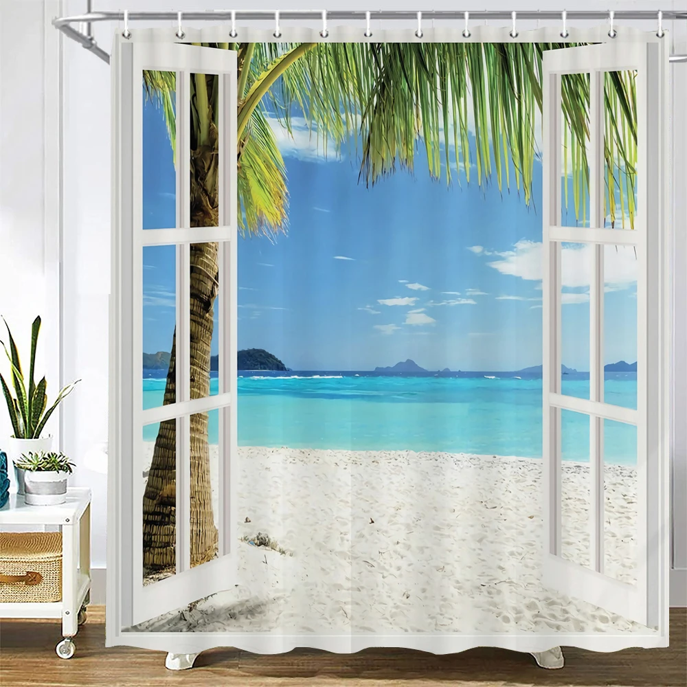 

Sea Beach Palm Trees Shower Curtain landscape Printed Bath Curtains Waterproof Polyester Fabric Bathroom Decorate With Hooks