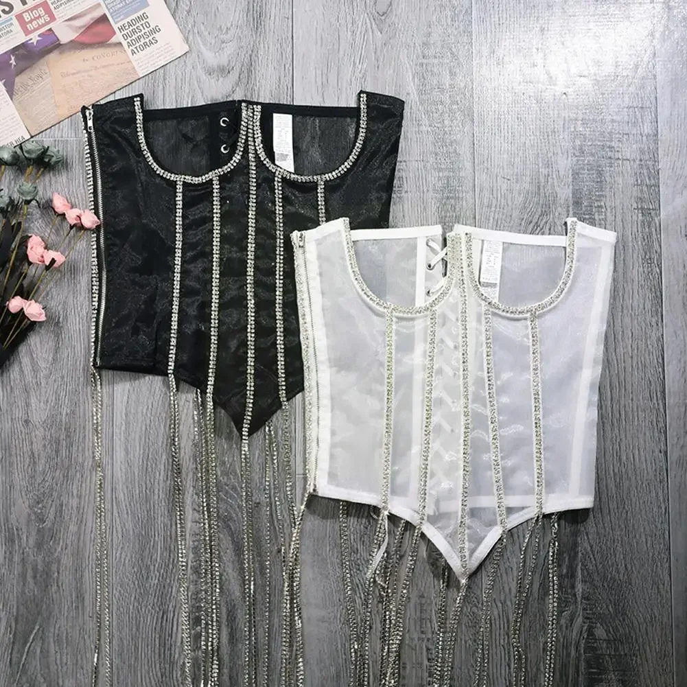 Women Fashion Trend Waist Seal Transparent Lace Waist Shiny Sexy Vest Slim Tassel Seal Corset Body