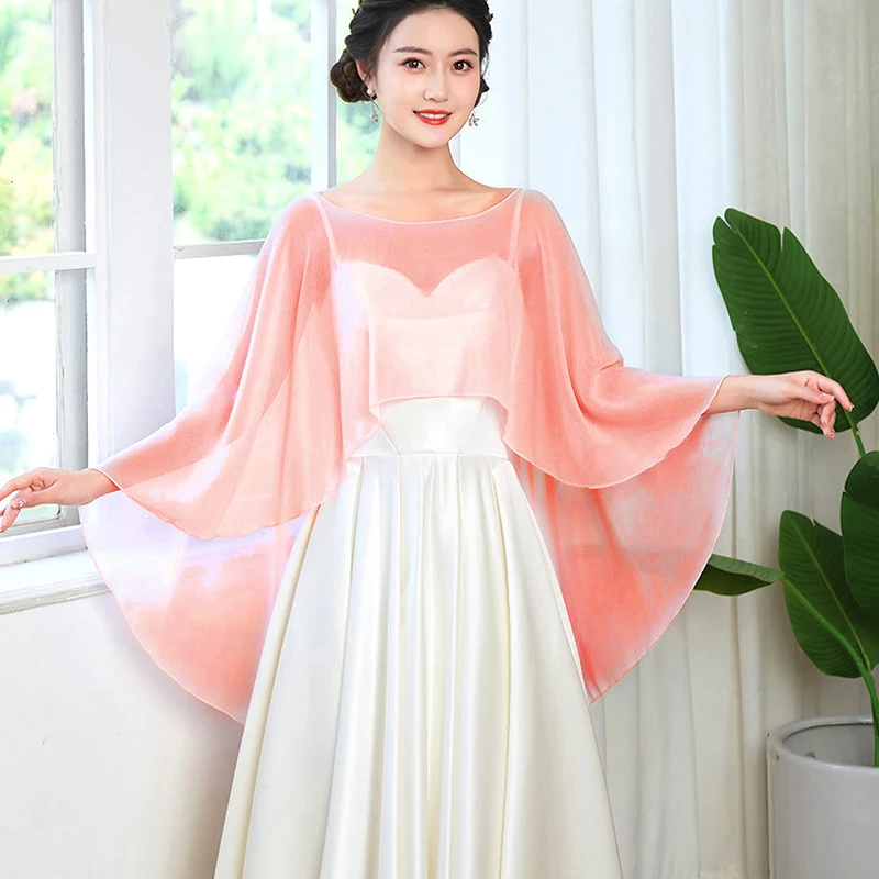 New Women Soft Solid Color Chiffon Capes Outdoor Beach Sunscreen Chiffon Long Shawl Evening Dress Wraps Bridal Wedding Cover Up