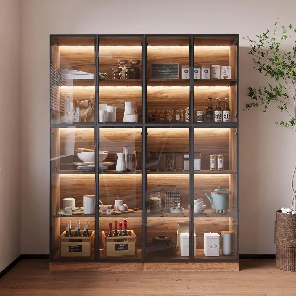 2-Piece Display Cabinet with Glass Doand Lights, Large ern Storage Cabinet with 5-Tier Shelves, Trophy Case or Collectibles Livi