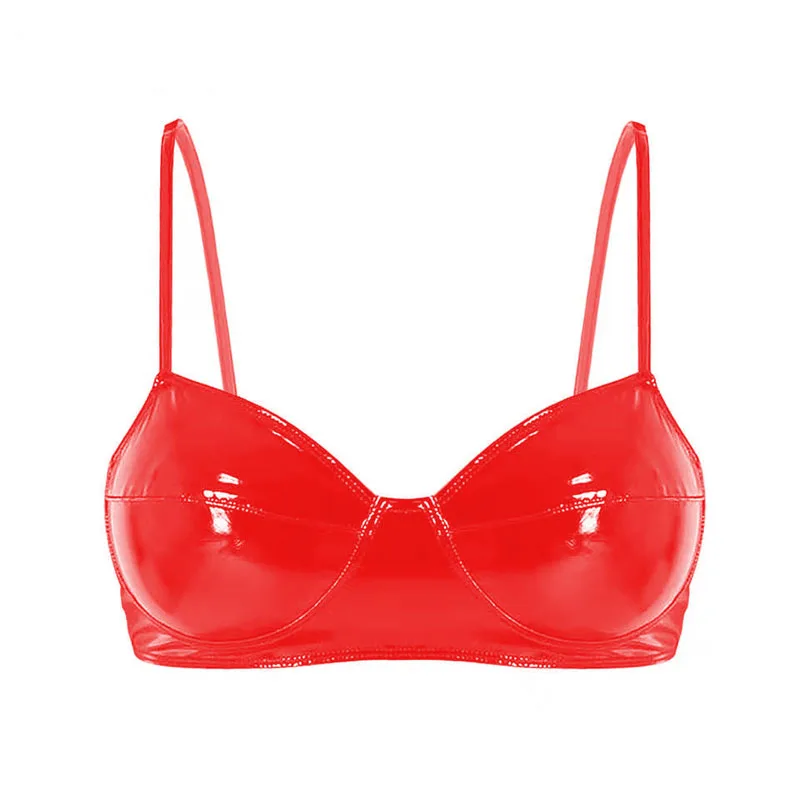 Sexy Lingerie Women Glossy Pvc Leather No Peculiar Smell Shoulder Strap Bra Crop Top Blouse Vest Underwear