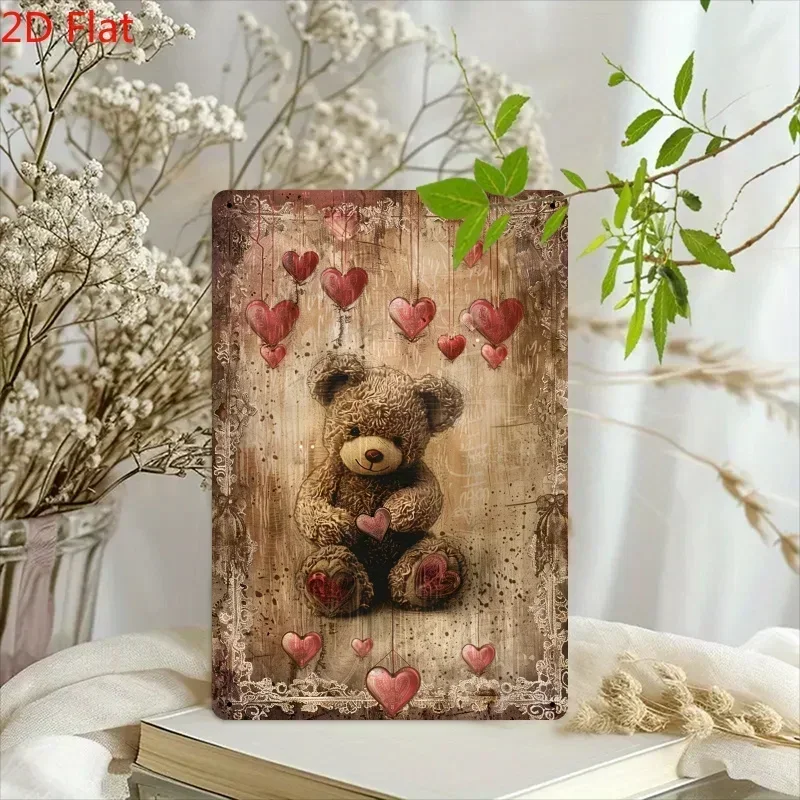 [2D Flat] 1pc Vintage Teddy Bear with Heart Metal  Sign - Rustic Valentine'S Day Wall Decor for Home, Cafe, Restaurant, Garage