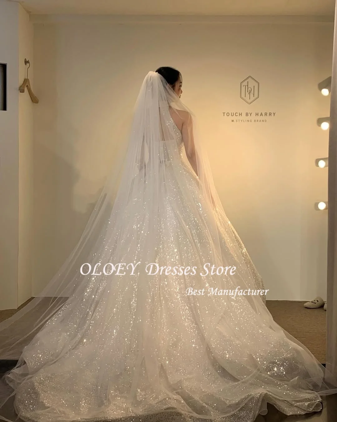 فساتين سهرة سباركلي من OLOEY بلينغ لامعة طويلة على شكل حرف A فساتين حفلات رسمية فستان زفاف كوري لالتقاط الصور لحفلات الزفاف #2