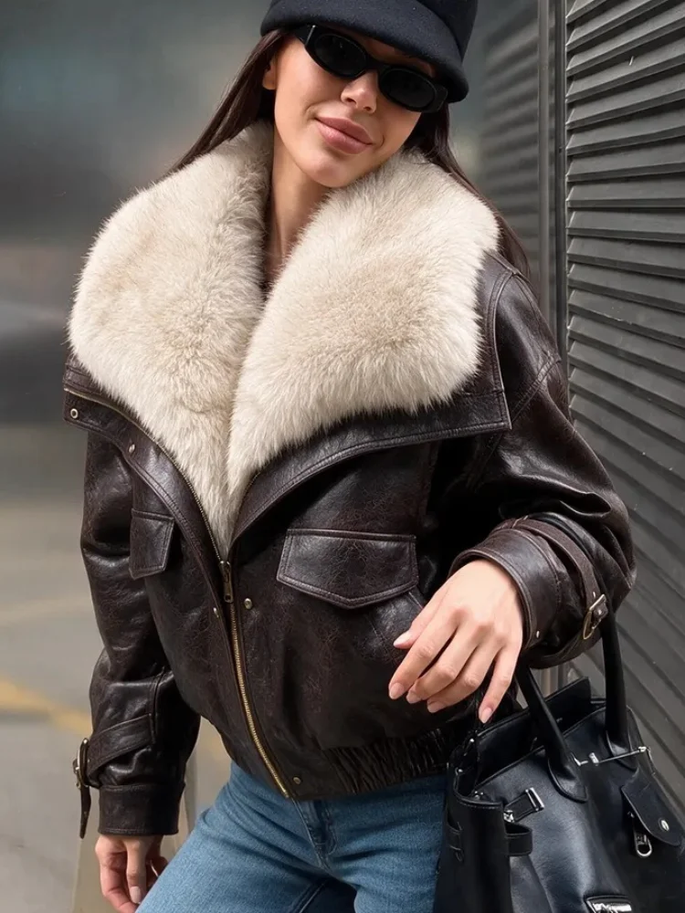 Thick Brown Vintage Faux Fur Collar Cropped Coat Zipper Cuff Strap Buckle Elastic Hem Warm Soft Autumn Daily Popular Streetwear