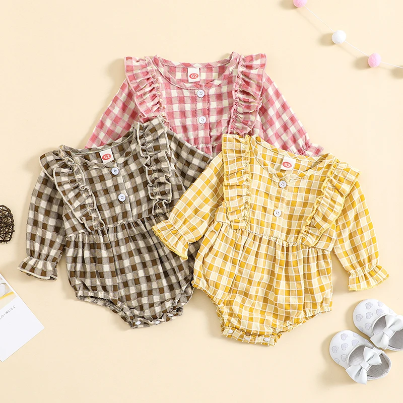 

Newborn Infant Baby Girls Spring Rompers Long Sleeve Ruffled Plaid Print Rompers for Kids Baby Jumpsuit Playsuit Baby Clothes