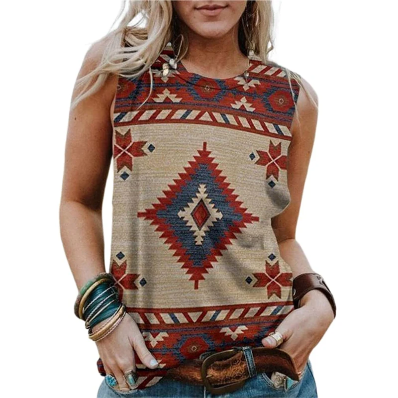 Western Aztec 3D Print Tank Top Women Geometry Vintage Streetwear Y2k Tops Oversized Vest Off Shoulder Sleeveless Girls Camisole