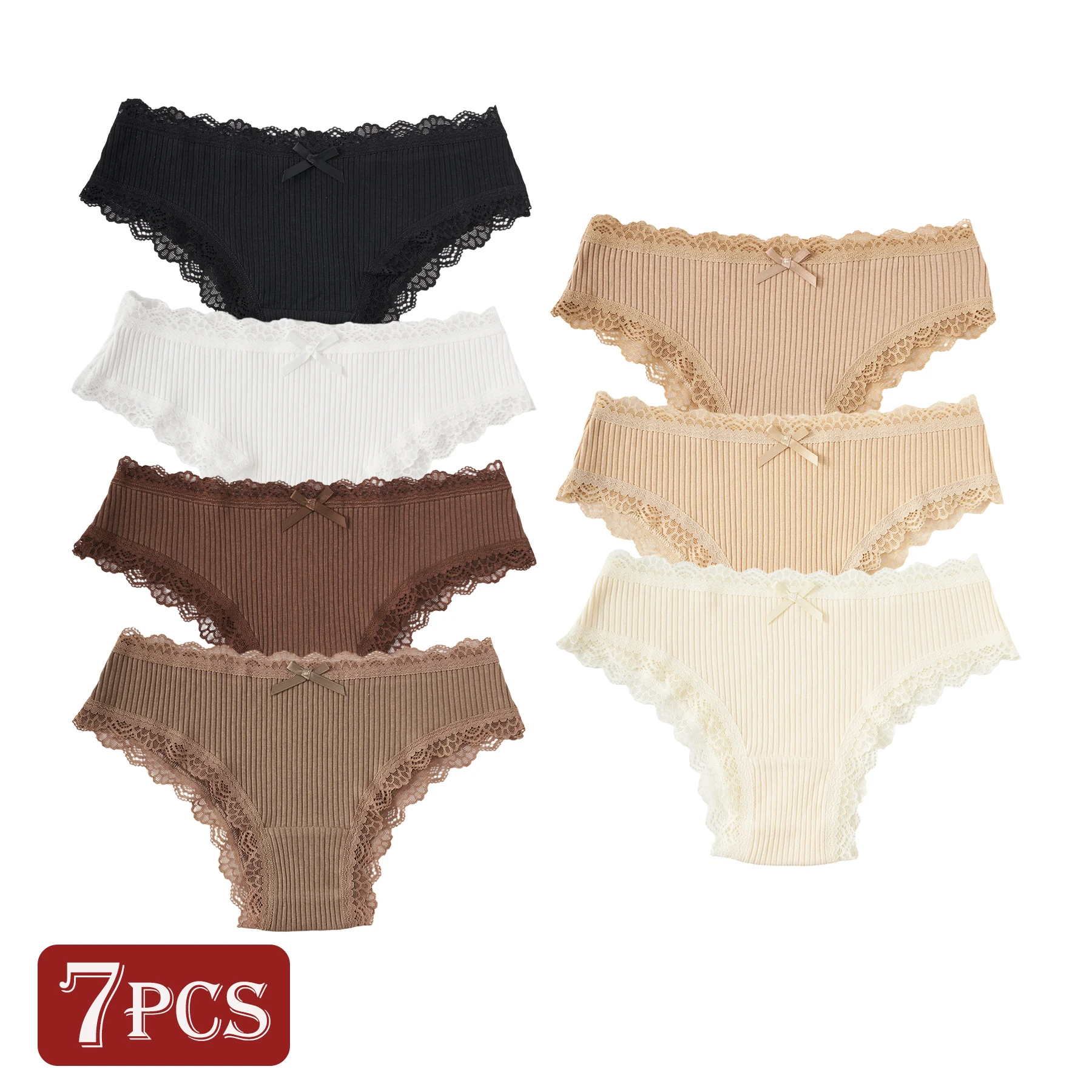 7-teiliges Set Neue Modische Baumwoll-Damenunterwäsche Einfarbig Komfortabel Atmungsaktiv Slips Tiefsitzend mit Spitzenbesatz Sexy Höschen für Alltag und Sport