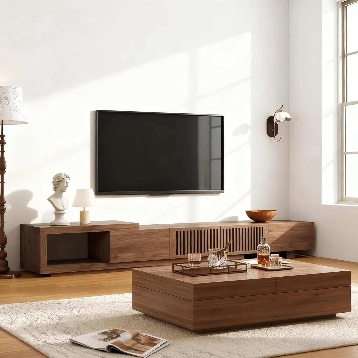 

Раскладной журнальный столик-тумба под ТВ из орехового дерева с местом для хранения для гостиной и спальни, 78.54-103, на заказ