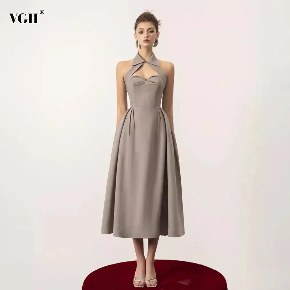 

VGH Elegant Backless Solid Long Dresses For Women Halter Sleeveless High Waist Temperament Hollow Out A Line Dress Female New
