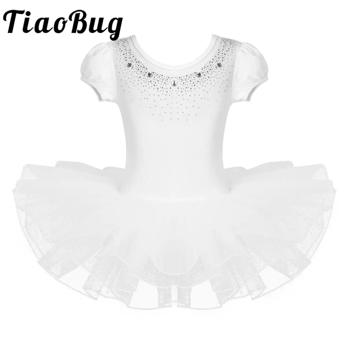 Child Girls Short Bubble Sleeves Gymnastics Leotard Ballet Dance Tutu Dress Mesh Sparkly Rhinestones Ballet Dance Costume