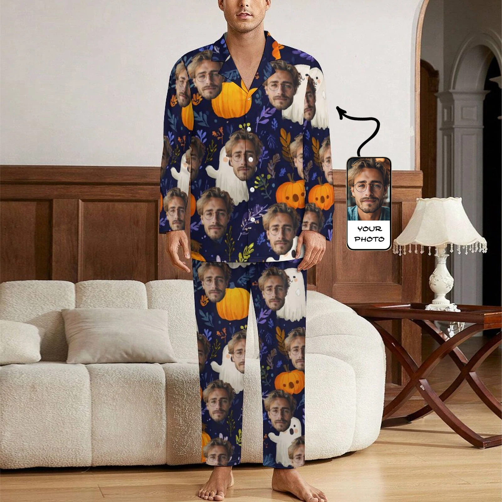 

Personalized family Halloween men's pajamas set Halloween costume Custom photo pajamas Matching Halloween costume Halloween gift