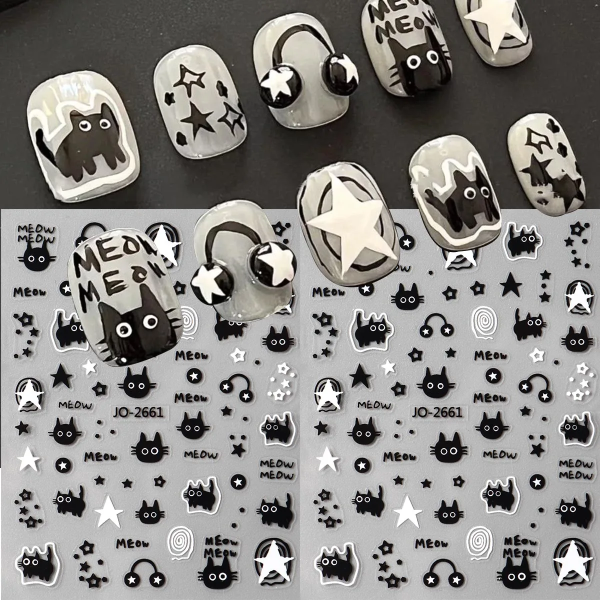 Cute Cartoon Black Cat Nail Sticker Cute Graffiti Cat Dog Star Headphone Pattern Nail Sliders Kawaii Dark Y2K Style Nail Decor