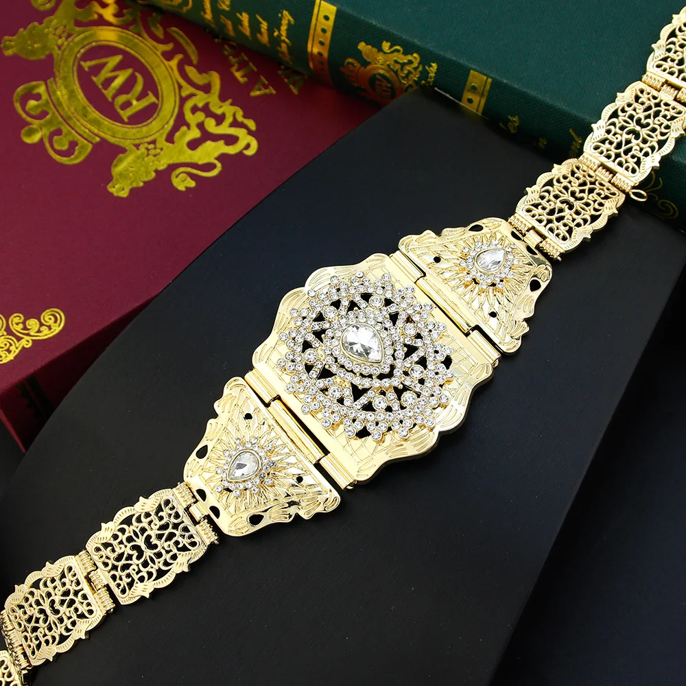 Neovisson Elegent Moroccan Waist Chain Belt Bride Jewelry Gold Color Crystal Body Chain Arabic Caftan Belt Ladies Favorite Gift