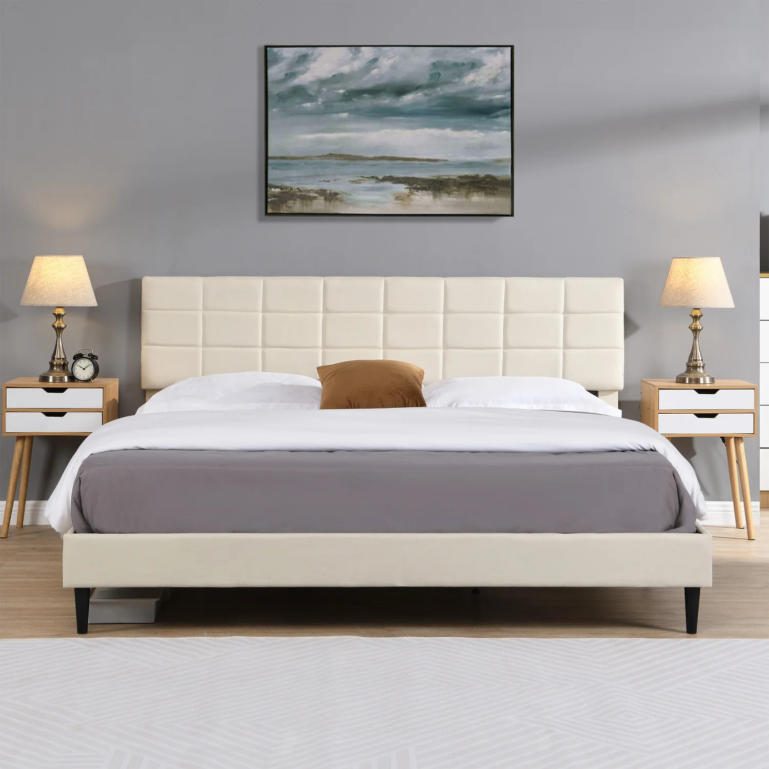 King Size Platform Bed Frame, Fabric Upholstered Headboard, Wooden Slats, No Box Spring, Easy Assembly, Dark Beige