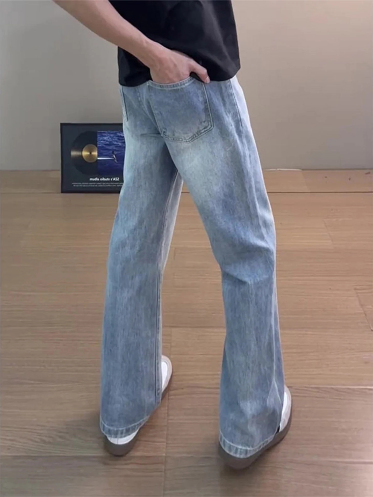 

Cleanfit Vintage Blue Bell Bottom Jeans Men's Style American High Street Vibe Elastic Slim Straight Knife Pants