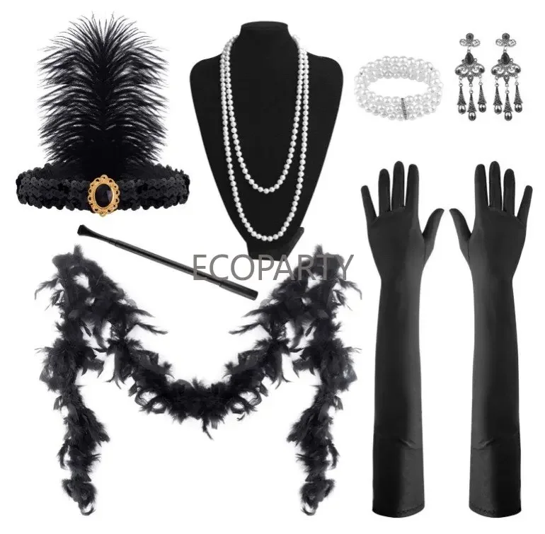 1920s flapper vestido acessórios retro festa adereços gatsby charleston bandana colar de pérolas faixa de penas brancas para casamento