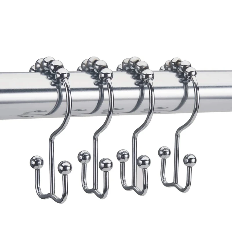 Shower Curtain Rings Hooks Rust-Resistant Metal Double Shower Hooks Curtain Hook For Bathroom Shower Curtain Rod Set Of 12