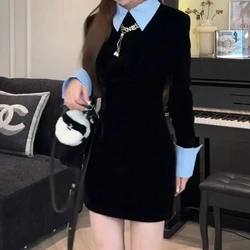 Korean Style Fake Two-piece Spliced Polo Collar Slim Fit Dress for Women with Autumn Temperament Versatile and Hip Hugging Skirt