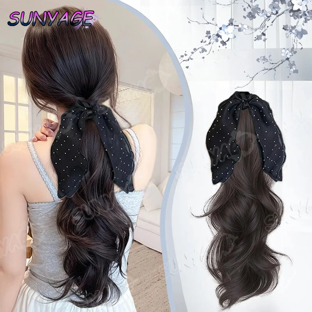 

Women's Korean-Style Low Ponytail Wig - Long Curly Hair with Polka Dot Bow, Layered Synthetic Hairpiece with Mini Claw Clip