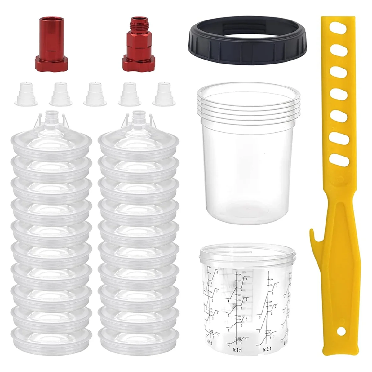 

A002 Disposable Paint Mixing Cup System Kit - 20 Paint Cups with Lids, Hard Cups with Retaining Rings, 5 Plugs,2 Cup Adapters