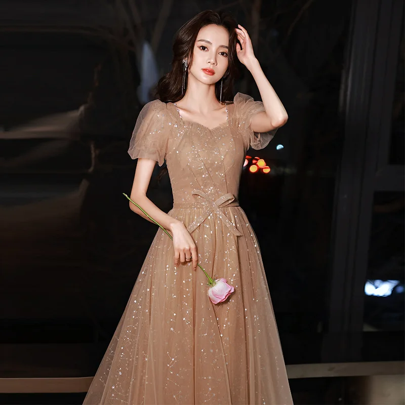 

Elegant Light Khaki Square Collar Bow Applique Back Bandage Women Evening Dresse A-Line Tulle Prom Party Gown Vestidos De Fiesta