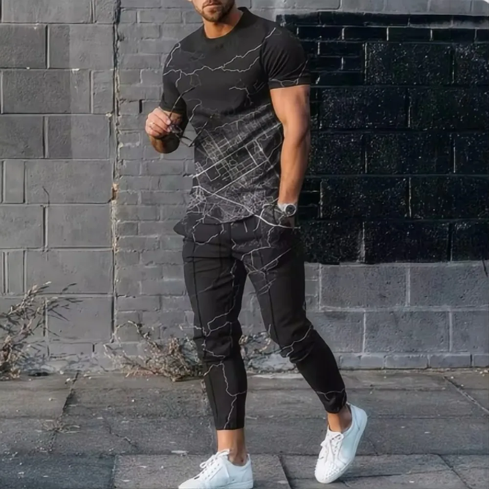 

Summer fashion men's fashionable printed breathable comfortable round neck T-shirt and pants set outdoor comfortable casual set