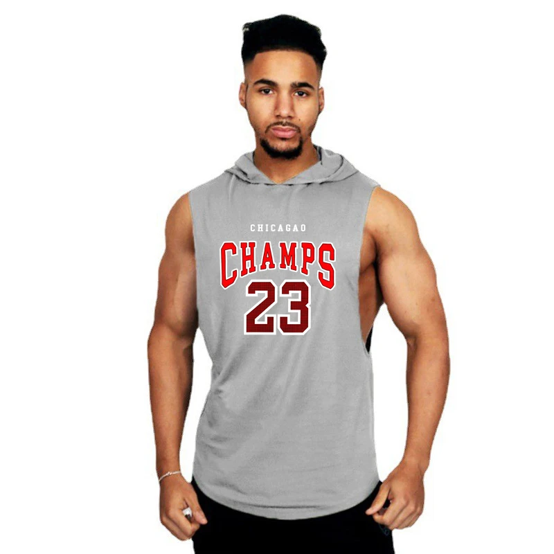 Chicago Champs 23 USA City Team Print Hoodie Mens Bodybuilding Sleeveless Hooded T-shirt Gym Fitness Workout Muscle Tank Tops