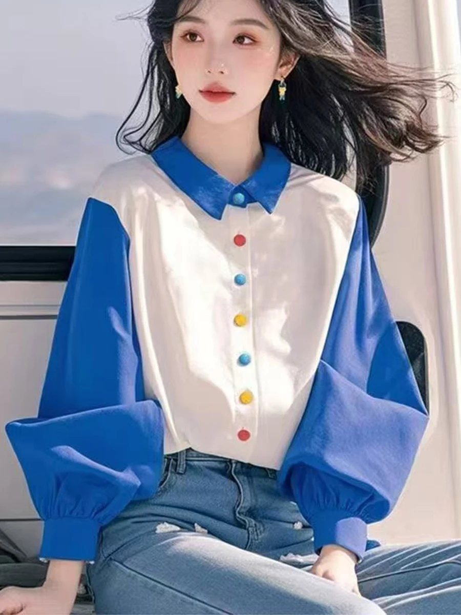 Lanterna Blo di colore blu unica Sve irt Faion Design da donna Primavera Pendolarismo Sle Vestibilità ampia Lunga Sve Ne