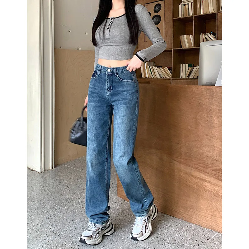 2026 Hot Sale Women Baggy Straight Leg Jeans Girls Fashion Pockets Embroidery Denim Pants Lady Solid Versatile Daily Trousers