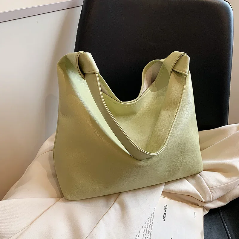 Women Shoulder Bags Summer New Fashionable Tote Simple Commuting Large Capacity Niche Solid Color Casual PU Leather Fabric