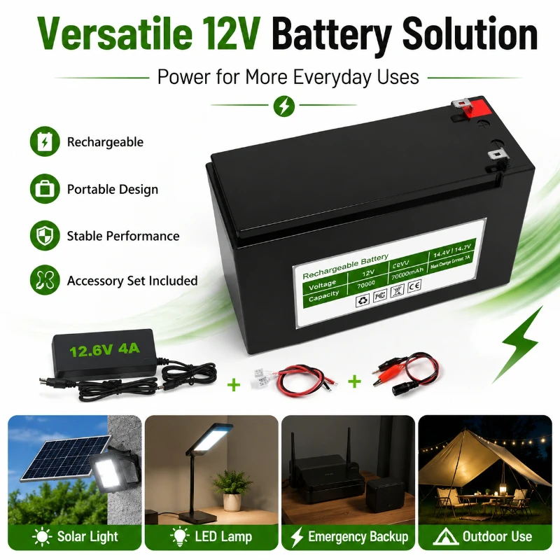 12V 70000mAh18650 Lithium Rechargeable Battery Pack 3A Output for Solar Power System Electric Lamp Emergency Backup Power Supply