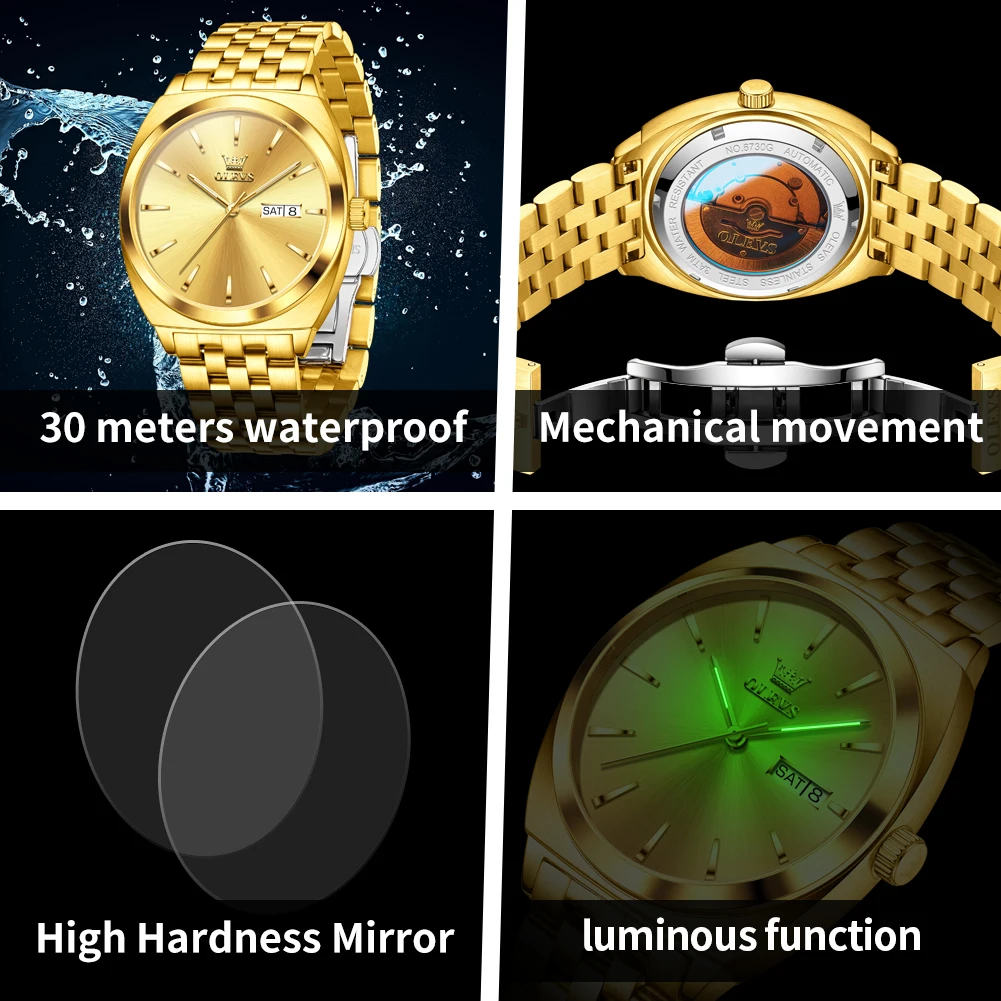 OLEVS 6730 Luksusowy męski oryginalny zegarek Złoty w pełni automatyczny zegarek mechaniczny Modny prosty podwójny kalendarz Wodoodporny męski zegarek