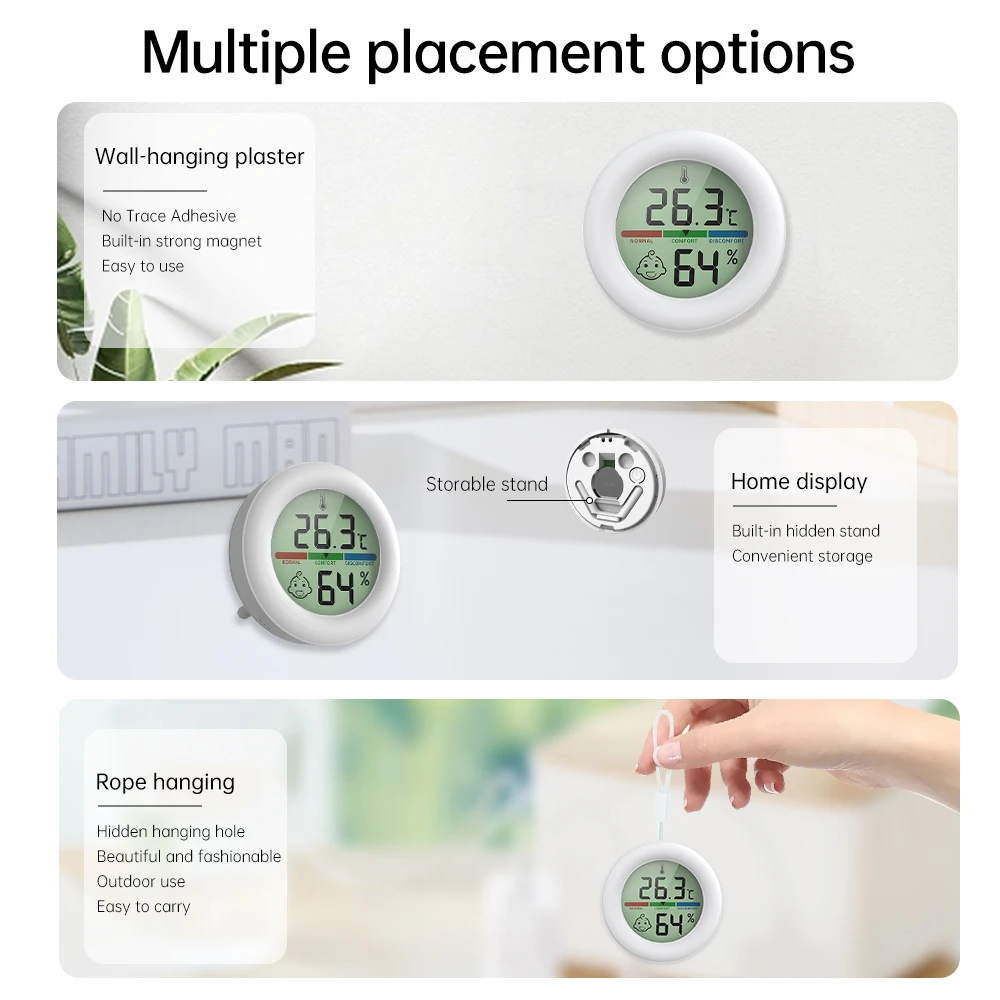 Household Temperature Humidity Meter -20℃-60℃ 20%Rh-99 Rh With CR2032 Battery Standing Hanging ℃/℉ Switching