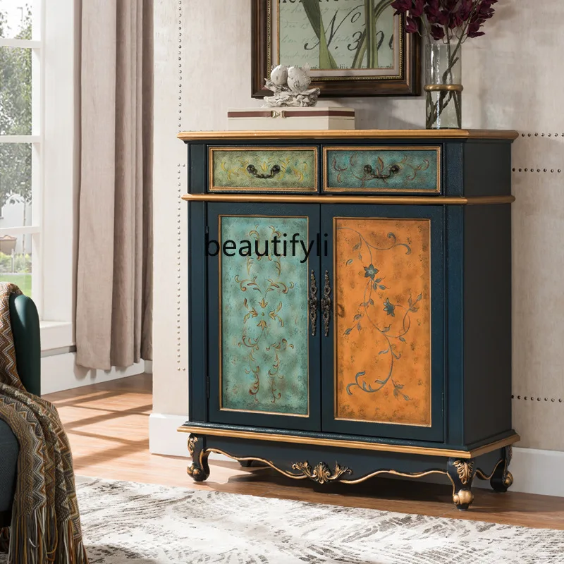 

European and American Style Shoe Cabinet Vintage Painted Furniture Blue Storage Cabinet Living Room Entrance Cabinet