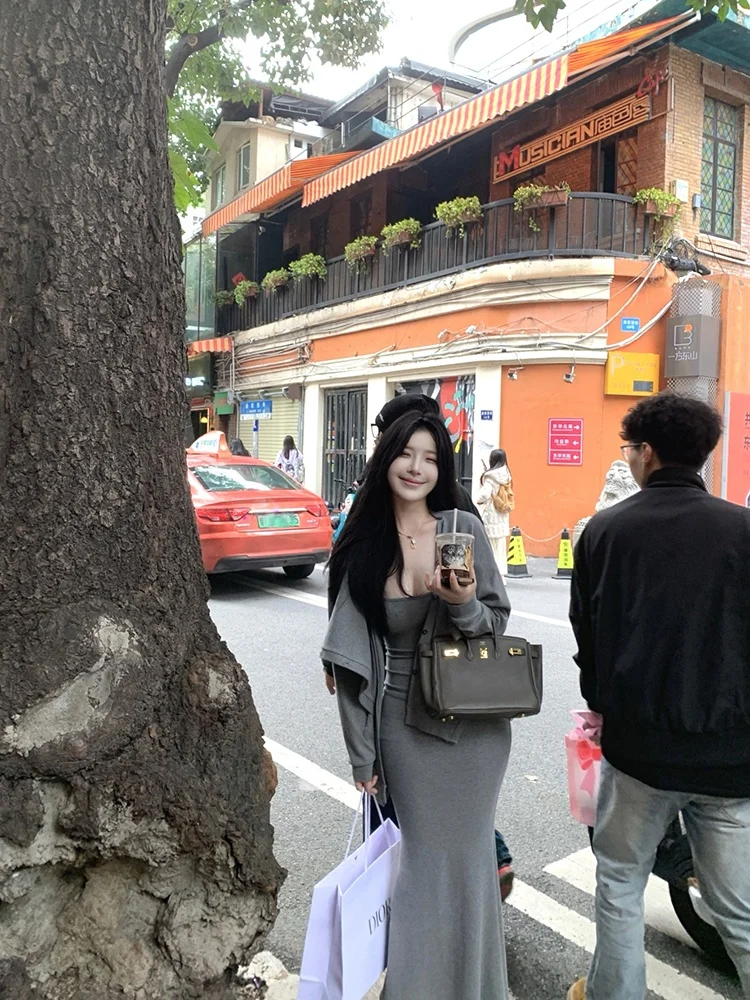 

Kardaian Average Person MISS CHANGE Chic Cool Uneven Open Cardigan Strap Fi Tail Skirt Set Long Sve Autumn Spring Fa...