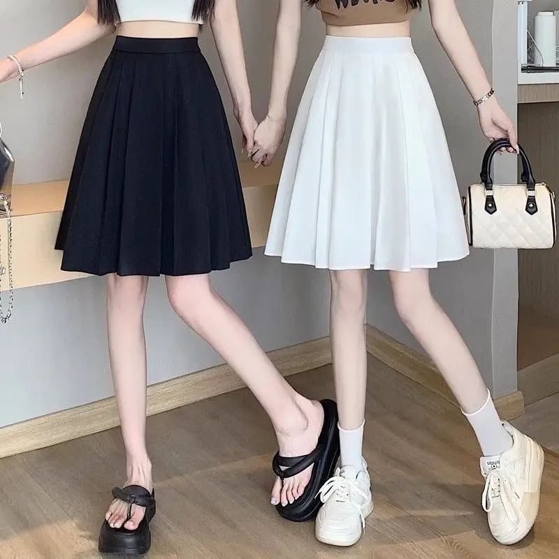 Fashion Elastic Spliced Solid Color Pleated Skirts Female Clothing 2025 Summer New Loose Preppy Style High Waist Skirts