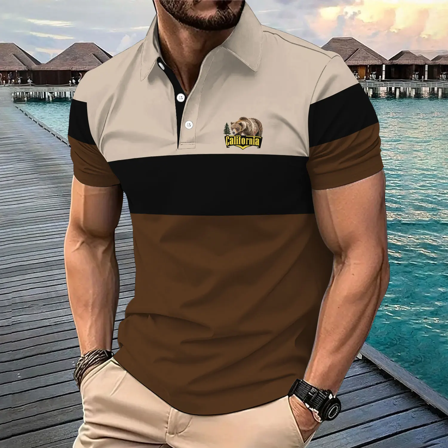 Men's Summer Casual Polo Fashionable Digital Print Design Lapel Short Sleeved Polo Machine Washable