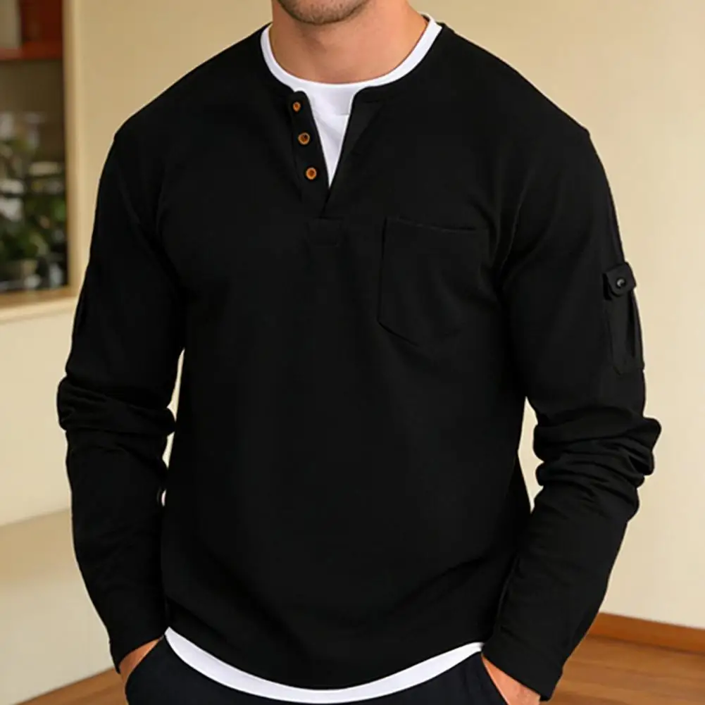 Men's New Button neck Shirt Long Sleeve Casual Button Solid color T-Shirt Fashion Waffle Cotton Fake two-piece T-Shirt
