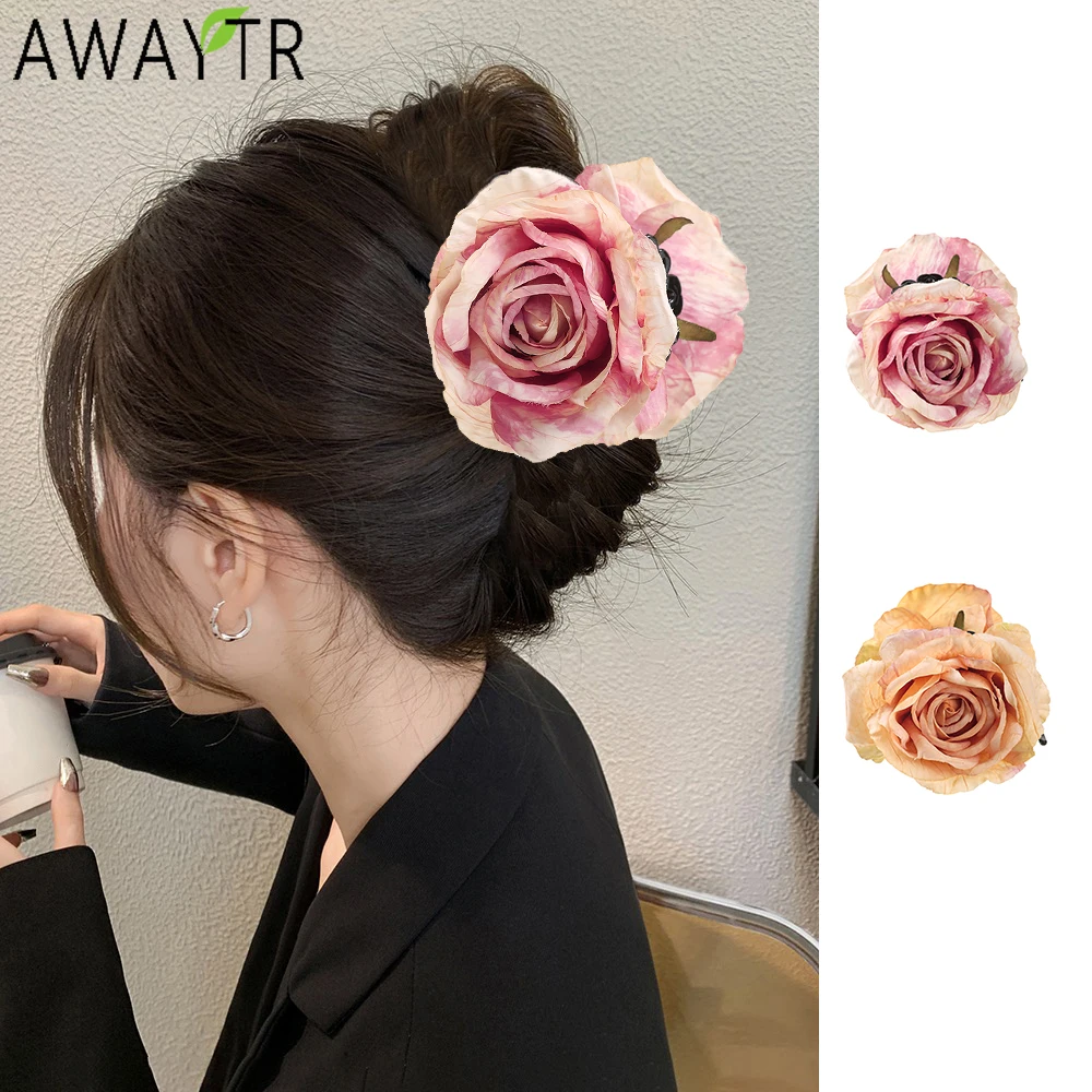 AWAYTR Snow Lotus Hair Claws Farbic Flower Hair Clips Crab For Women Girl Gift Hair Accessories Valentine Headwear