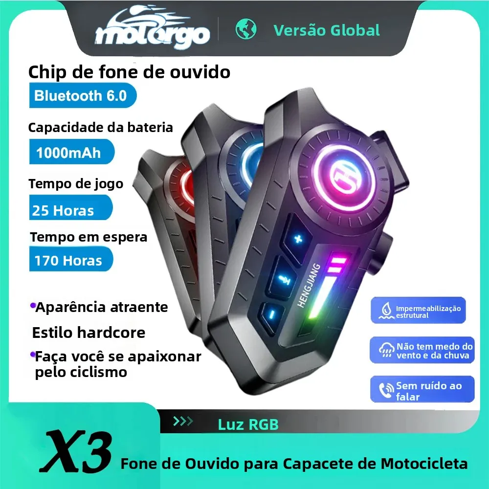 Fone de ouvido para capacete de motocicleta X3 Bluetooth 6.0 com luzes tricoloridas, à prova d'água IPX6, suporta conexão simultânea com 2 telefones.