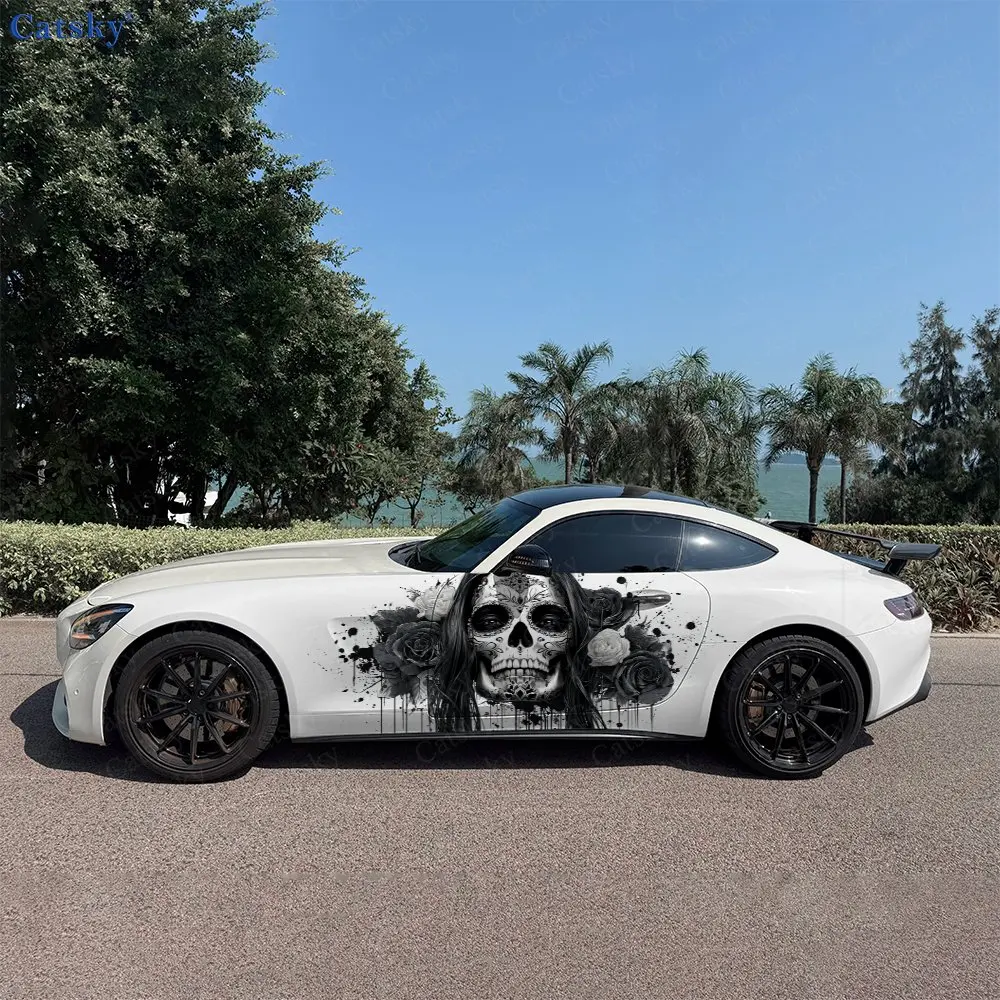 2pcs Dark Splatter Undead Rose Car Side Wraps, Self-Adhesive PVC Waterproof & Scratch-Resistant Stickers, Car Accessory Gift