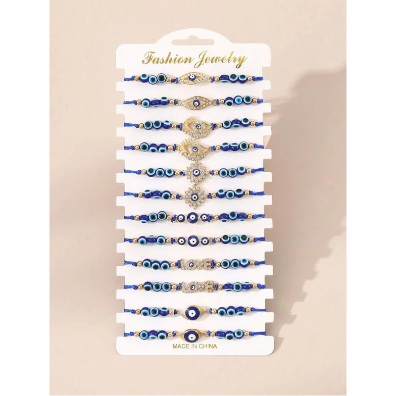 12pcs Vintage Rhinestone Evil Eye Colorful Adjustable Braided Bracelet Set, Fatima Hand Charm Lucky Bracelet, Women Holiday Gift