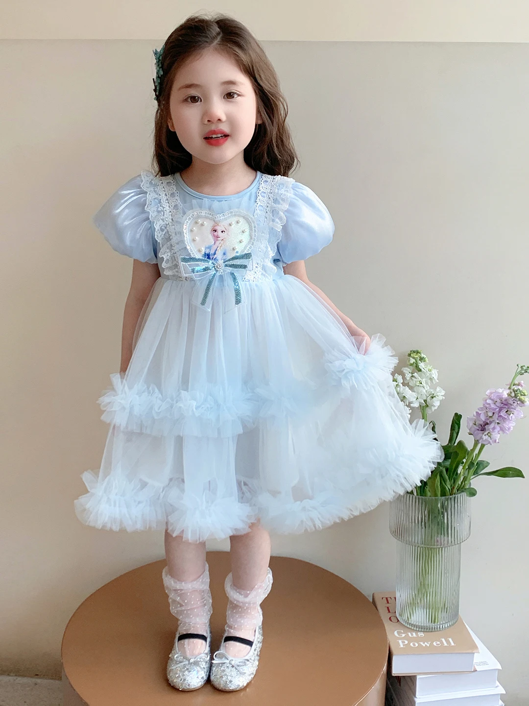 女の子用プリンセスドレス-夏用レーススプライス-バブルスリーブスカート-蝶結び付き-漫画風-ベビー服