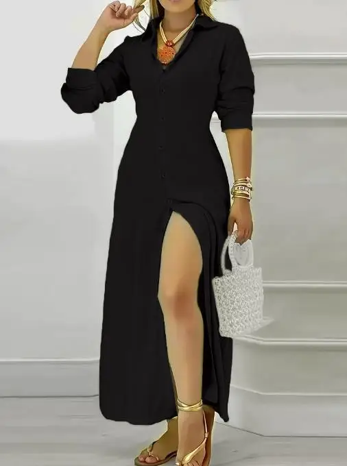 

2025 Autumn Women's Elegant Solid Color Long Sleeve Shirt Button Up Dress for Women