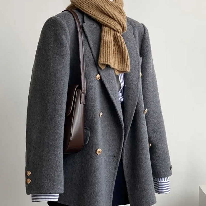 

Высококачественное шерстяное пальто женское, зима 2025, новый двубортный костюм, шерстяная куртка, корейское пальто, темпераментное пальто с лацканами, женское пальто