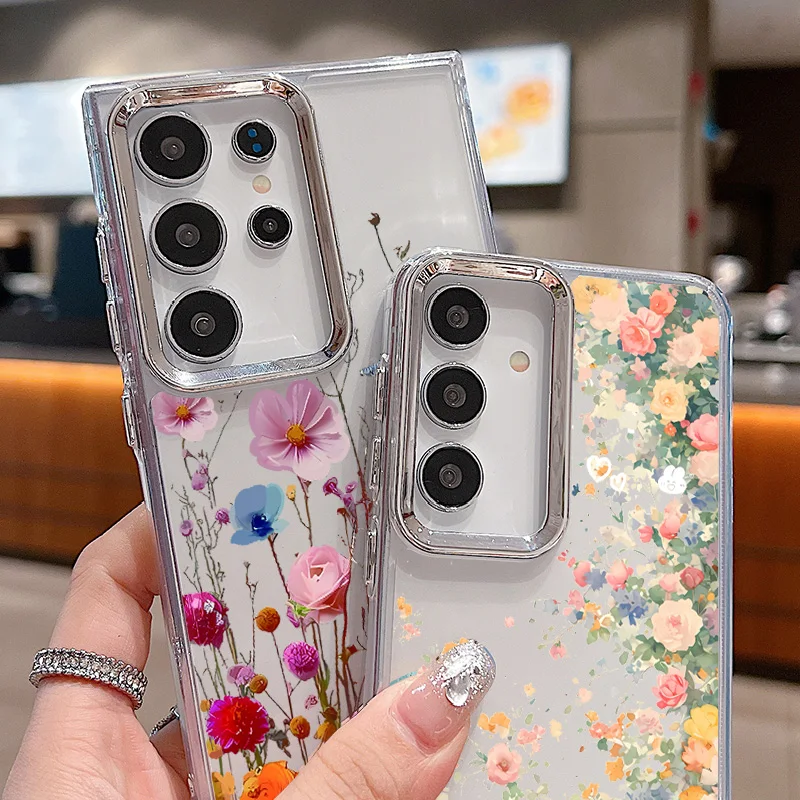 Funda de flores con lente chapada para Samsung Galaxy S24 S23 Ultra Capa S22 S21 Ultra S20 FE A52 A53 A16 A14 A34 A15 A25 A35 A55 A54 5G