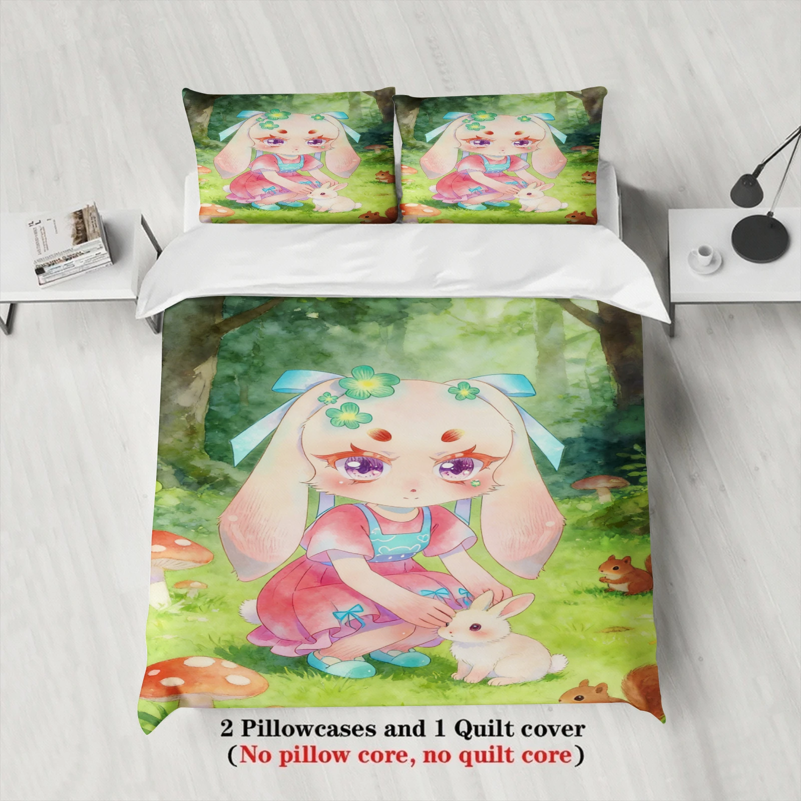 Softville Cozy Town 3PC Bedding Sets Lop Rabbit Petting Rabbit In Meadow Printed Duvet Cover No filling Cartoon Style Queen Size