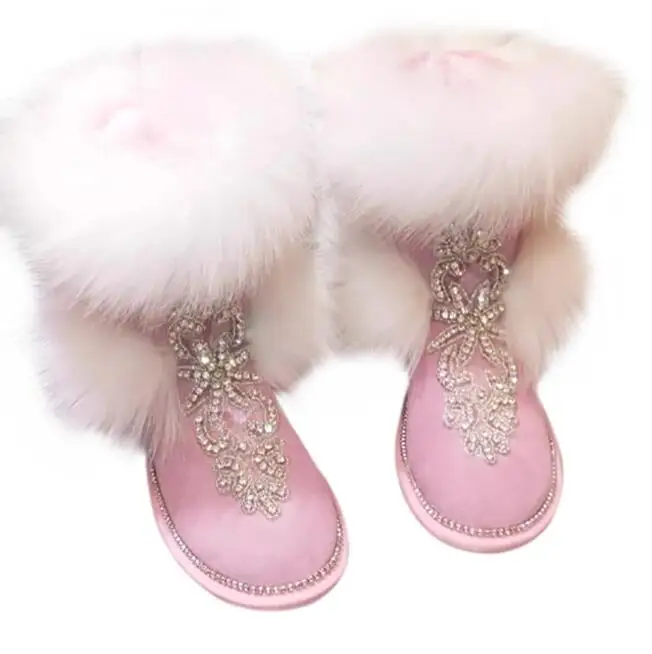 

Bling Rhinestone Embellished Fox Fur Snow Boots Pink Suede Winter Flat Warm Plush Sweet Crystal Woman Ankle Boots Shoes