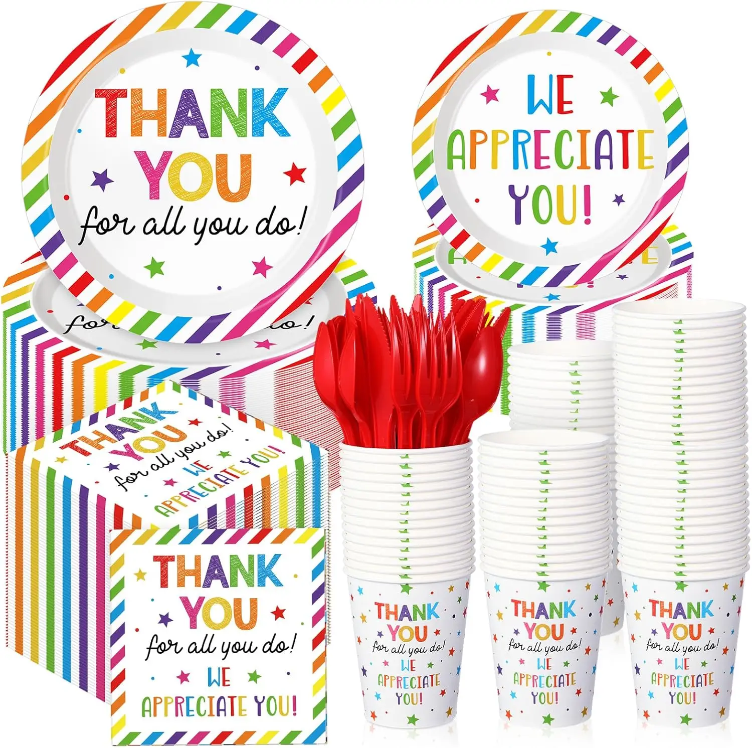 

240 Pcs We Appreciate You Tableware Set Thank You Decorations Plate and Napkin Disposable Cup Paper Knife Fork Spoon Emp